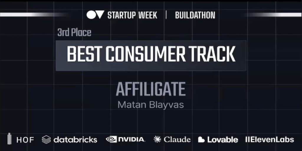 Award slide: 3rd Place – Best Consumer Track for AffiliGate at Startup Week Buildathon